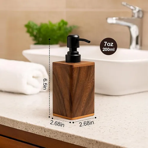 Miniatura 3 de Dispensador de jabón de madera maciza de 6.8 fl oz para baño, cocina, bomba de jabón de manos recargable de madera, dispensador de loción
