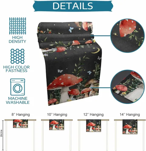 Miniatura 7 de Camino de mesa de lino y algodón con hongos de granja, luna nocturna y estrellas, bufanda negra de 13 x 60 pulgadas, lavable para cocina, comedor