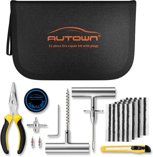 Juego de reparación de neumáticos planos Autown con tapones, 31 piezas para reparación de pinchazos de neumáticos planos de coche, motocicleta, ATV,