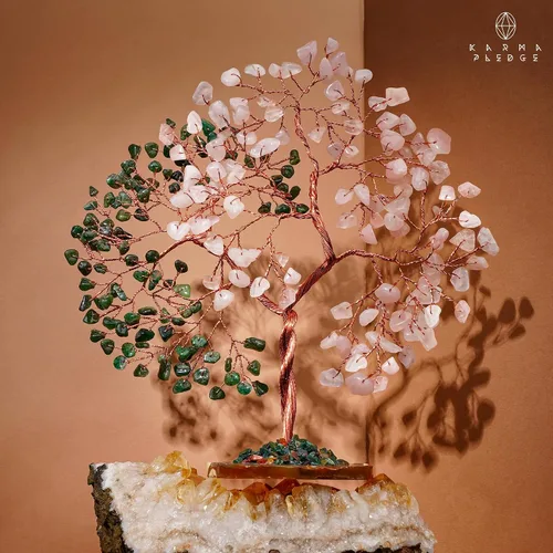 Miniatura 7 de Árbol de cristal para decoración de oficina de mujeres, árbol de piedras curativas de aventurina verde y cuarzo rosa hecho a mano, árbol de la vida