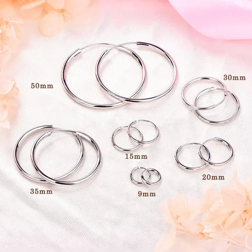 Miniatura 4 de YL Aretes de aro de plata de ley 925 pulida con círculos sin fin, aros de diámetro 9,13,15,20,30,35,50 in