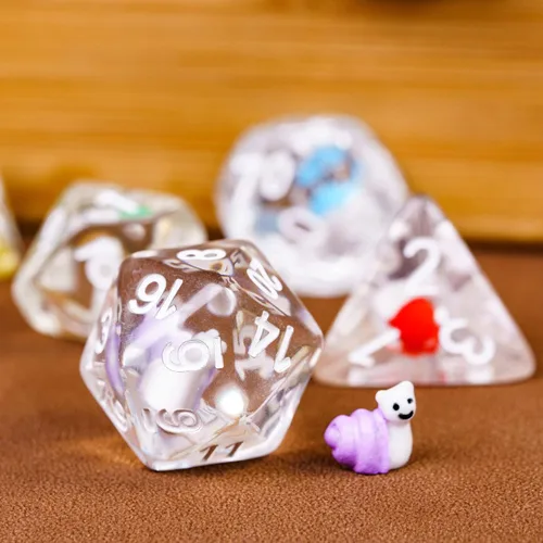 Miniatura 8 de Cusdie Dados DND de 7 troqueles, juego de dados poliédricos rellenos de animales, para juegos de rol, dados D&D (caracol colorido)