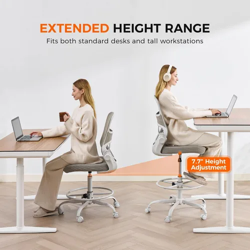 Miniatura 3 de Silla de dibujo sin brazos, silla de oficina alta con anillo ajustable para el pie y soporte lumbar, silla de escritorio alta de malla ergonómica