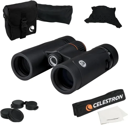 Celestron 71401 TrailSeeker ED 8 x 32 prisma de techo binocular, lente multicapa de banda ancha completa, vidrio prisma BaK-4, negro