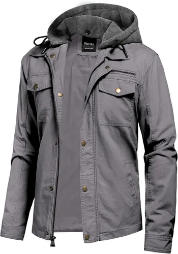 Miniatura 12 de Pursky Chaqueta de lona de algodón militar casual para hombre con capucha desmontable