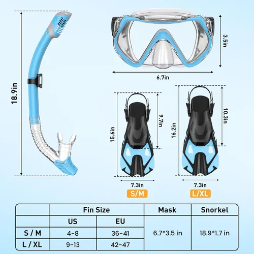 Miniatura 5 de Snorkeling Gear Set for Adults – Dry Top Snorkel Set, Panoramic Anti-Fog Mask, Adjustable Swim Fins – Travel Diving Kit with Storage Bag