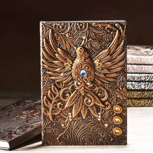 Miniatura 6 de Diario de escritura vintage de piel en relieve 3D Phoenix con juego de bolígrafos dorados, tamaño A5, 200 páginas, cuaderno de bocetos antiguo hecho