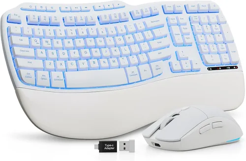 Miniatura 10 de Combo ergonómico de teclado y mouse inalámbricos, teclado retroiluminado recargable de 4000 mAh con un reposamanos suave de piel de cordero