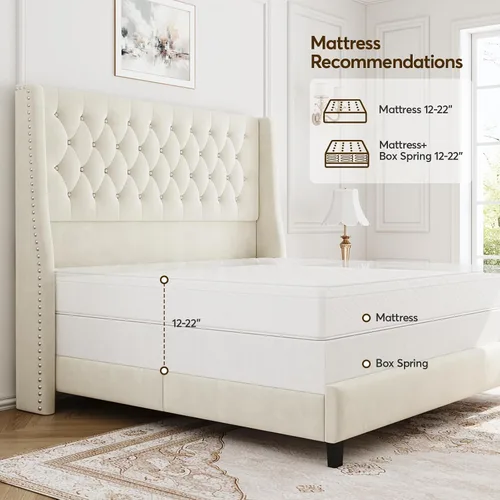 Miniatura 4 de Base de cama matrimonial con cabecero de 55 pulgadas de alto, marcos de cama tapizados, tela suave, cabecera capitonada con botones y parte trasera