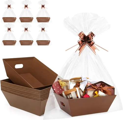 Miniatura 16 de AFOROEOA Paquete de 10 cestas vacías para regalos, cesta de regalo de papel kraft de 10 x 12 pulgadas de grosor con 10 lazos, 10 bolsas vacías