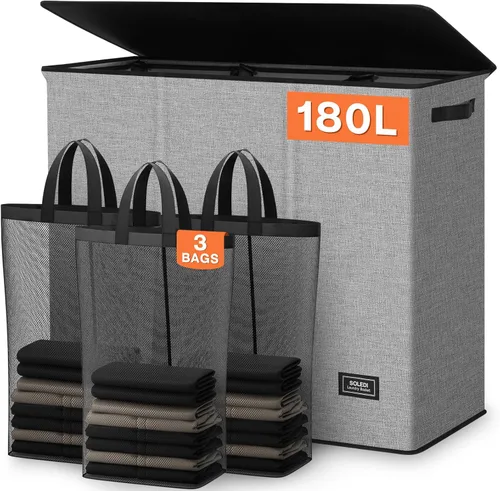 SOLEDI Cesta de ropa sucia de 180L de 3 secciones, cesta de ropa sucia extra grande con tapa, cesta de ropa sucia con asa resistente, organizador de