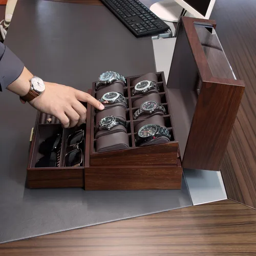 Miniatura 2 de KAMIER Caja organizadora de relojes con 12 ranuras para hombres, organizador de caja de reloj de madera de dos niveles para hombres con soporte