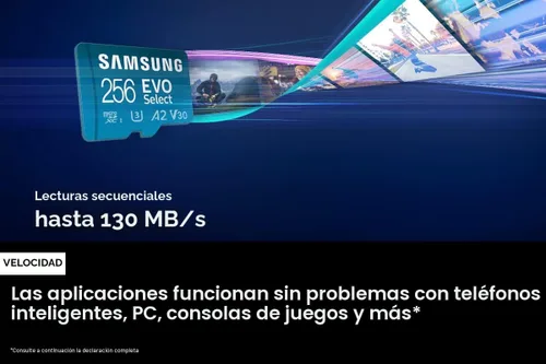 Miniatura 8 de SAMSUNG EVO Select Micro SD tarjeta de memoria + adaptador, 256 GB microSDXC 130 MB/s Full HD y 4K UHD, UHS-I, U3, A2, V30, almacenamiento ampliado