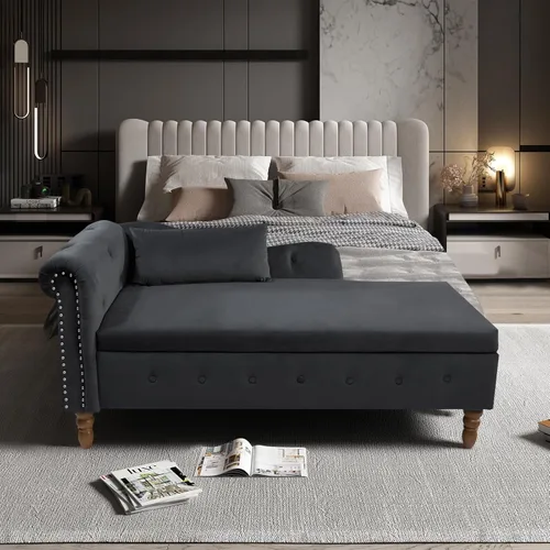 Miniatura 6 de Aoowow Banco de almacenamiento de terciopelo para dormitorio, extremo de la cama, sofá con brazo enrollado, tumbona para interiores con Negro 58