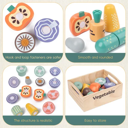Miniatura 4 de Juego de 10 piezas de alimentos de madera de vegetales para cocina de niños, juguetes de corte de alimentos de madera, accesorios de cocina de juego