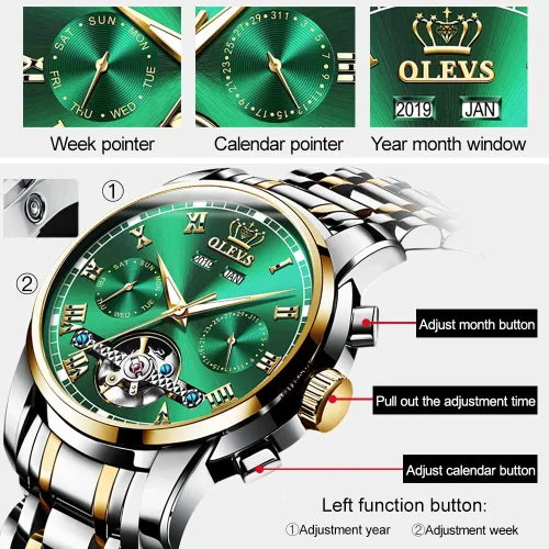 Miniatura 5 de OLEVS Relojes de cuerda automática para hombre vestido mecánico automático Tourbillon de acero inoxidable doble calendario impermeable luminoso