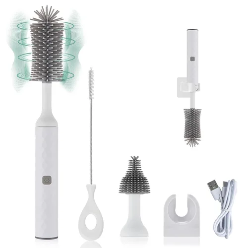 Juego de limpiador eléctrico recargable para botellas con limpiador de cepillo de silicona de 3 piezas para biberones y cepillo limpiador de Blanco