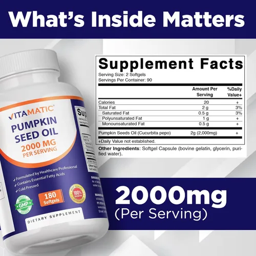 Miniatura 2 de Vitamatic Aceite de semilla de calabaza 2000mg – 180 cápsulas blandas (paquete de 2-360 unidades)