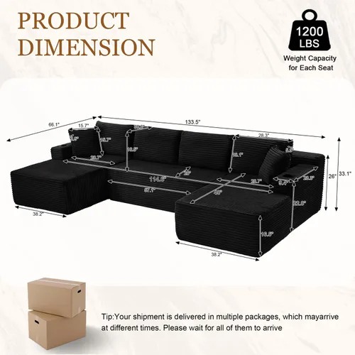 Miniatura 2 de Sofá cama modular de 134 pulgadas, sofá de nube deshuesado para sala de estar, sofá de 5 asientos en forma de U con 2 bolsillos de almacenamiento