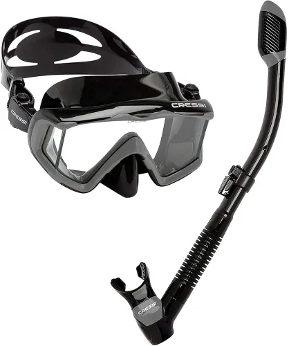 Cressi Panoramic Wide View Mask & Dry Snorkel Kit for Snorkeling, Scuba Diving - Pano 3 & Supernova Dry: Designed in Italy Negro/Plateado