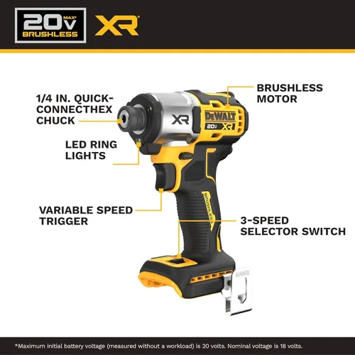 Miniatura 4 de DEWALT Atornillador de Impacto 20V MAX, Inalámbrico, 3 Velocidades, Batería y Cargador Incluidos (DCF845P1)