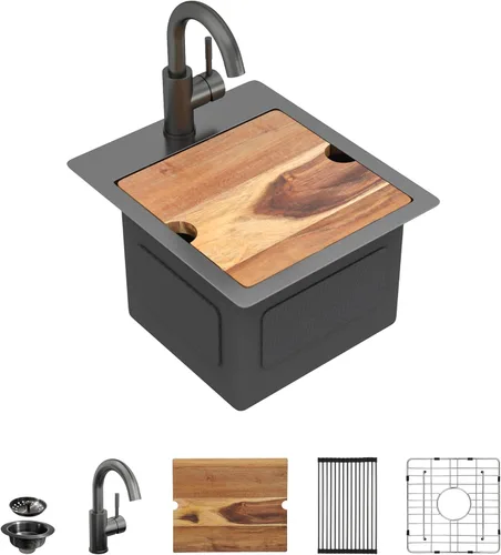 13"x15" Fregadero de barra de montaje en encimera para preparación – Negro metalizado NANO-PVD, acero inoxidable 304 calibre 16, tazón individual,