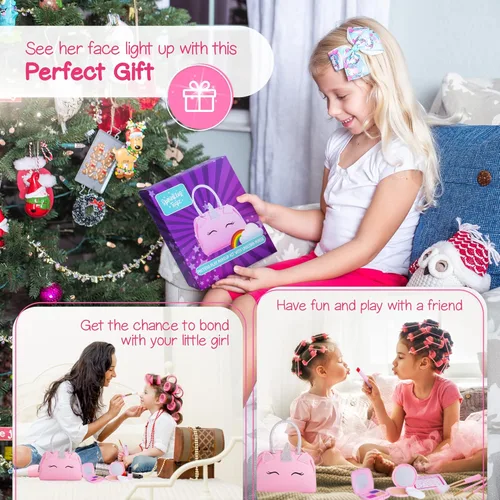 Miniatura 7 de Kit de maquillaje de simulación para niñas pequeñas con bolso de unicornio: juego de juguetes de maquillaje falso (no real) para niños pequeños
