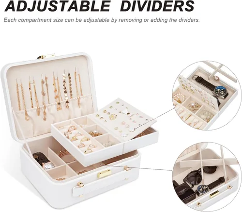Miniatura 6 de V-LAFUY Joyero blanco, organizador de joyas de viaje grande, organizador de joyas de 2 capas, organizador de joyas de viaje para mujeres, estuche