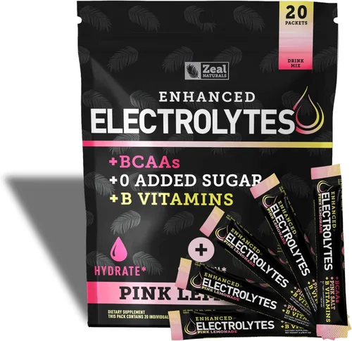 Miniatura 14 de Paquetes de electrolitos mejorados en polvo (fresa y kiwi 20 paquetes) con 0 azúcar+BCAA + suplemento de electrolitos de vitaminas B con zinc