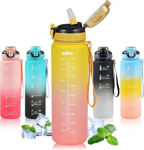 Miniatura 18 de Botella de agua deportiva con popote, botellas de agua de 32 onzas con marcador de tiempo para niños y niñas, botella de agua simple y moderna