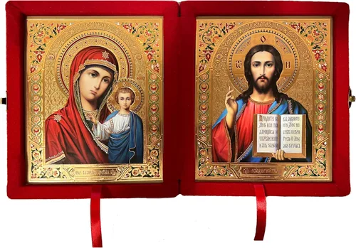 Cristo, maestro y virgen de kazán, icono ortodoxo, díptico en funda de terciopelo sintético rojo, Virgen María y Cristo de 8 pulgadas, regalo de