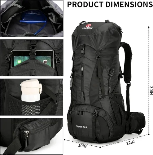 Miniatura 3 de Mochila de senderismo para hombres y mujeres, 70L+5L, impermeable, ligera, mochila de camping con cubierta de lluvia, sin marco (negro, b)