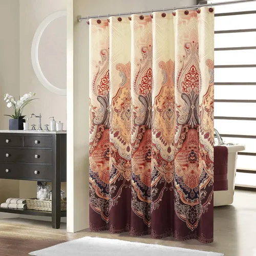 Miniatura 19 de Cortina de ducha larga de tela, cortinas de ducha de damasco bohemio con estampado de paisley en vino burdeos y oro amarillo, cortinas impermeables