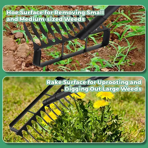 Miniatura 2 de Herramienta de jardín con estribo y mango ajustable de acero inoxidable de 76.8 pulgadas, azada de jardín resistente y rastrillo de 12 dientes 2