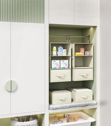 Miniatura 6 de Vailando Organizador de Armario Colgante de 3 Estantes, Juego de 2 Estantes Colgantes con 2 Cajones para Vestidor, Guardería, Almacenamiento y Beige