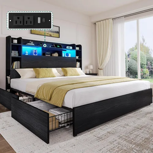 Miniatura 11 de DWVO King Size Bed Frame with Tall Bookcase Headboard and 4 Storage Drawers, RGB LED Bed Frame with Type-C & USB Charging Station Storage Headboard
