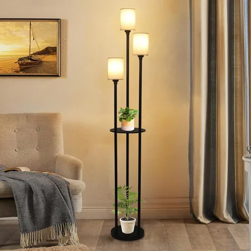 Miniatura 2 de Lámpara de pie con estantes, lámparas de pie modernas para sala de estar, lámpara de pie de 3 luces con pantalla de lino e interruptor de pie