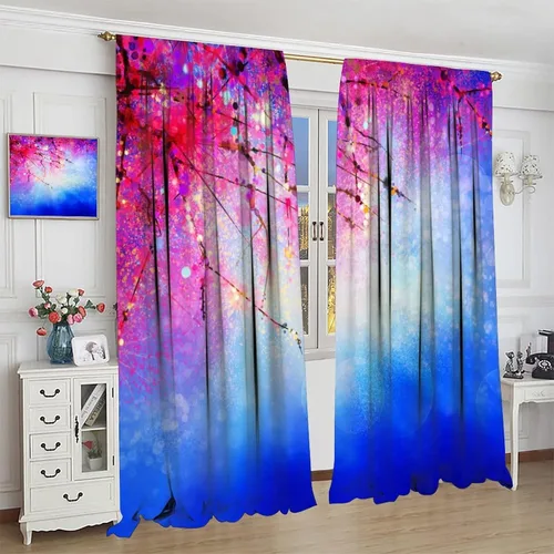 Miniatura 4 de Cortinas opacas con diseño floral de galaxia azul abstracta para dormitorio, cortinas de ventana de teñido anudado con diseño de flor de cerezo