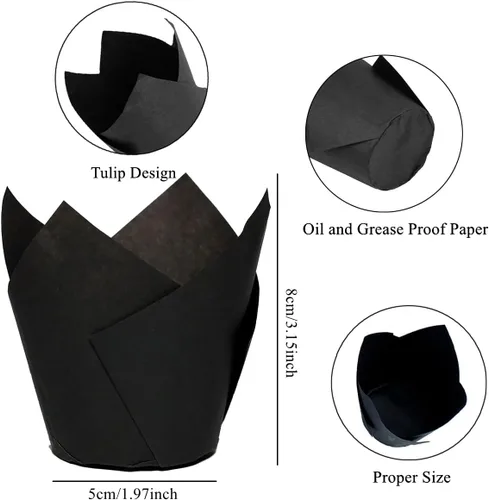 Miniatura 4 de 150 piezas de forros para magdalenas y cupcakes con tulipán, tazas de papel para hornear, envoltorios para cupcakes a prueba de grasa para Negro