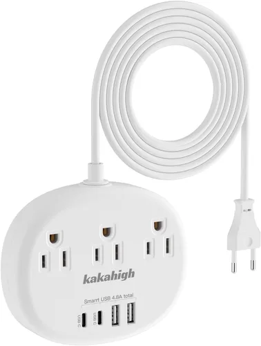 Adaptador de enchufe de viaje europeo con USB C, adaptador de toma multipaís con 3 tomas de CA y 4 puertos USB, adaptador de enchufe tipo C para EE.