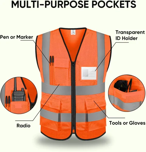 Miniatura 4 de TICONN Chaleco de seguridad reflectante de alta visibilidad Clase II de malla para mujeres y hombres Cumple con los estándares ANSI Naranja