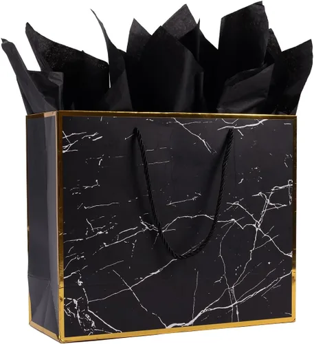 Miniatura 2 de ysmile Bolsa de regalo negra para hombres, bolsa de papel de gran tamaño con papel de seda para cumpleaños, aniversario, 16 pulgadas, día del padre