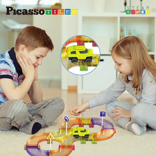 Miniatura 3 de PicassoTiles Carrera de coches de pista magnética azulejos magnéticos juguete de viaje sensorial azulejos juguetes para niños pequeños STEM