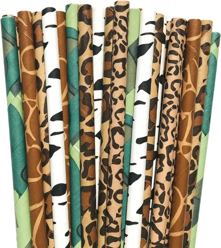 125 pajitas de papel para fiesta de safari en la selva, marrón, negro, blanco, verde, camuflaje, cebra, leopardo, guepardo, árbol, zoológico,