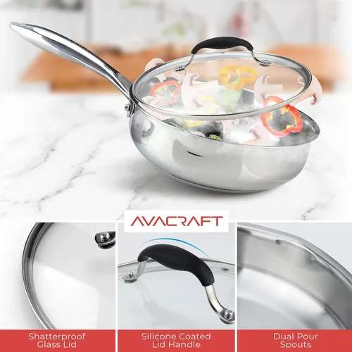 Miniatura 4 de AVACRAFT 18/10 Sartén de acero inoxidable de 8 pulgadas con tapa, boquillas laterales, sartén de inducción, sartén de acero inoxidable versátil