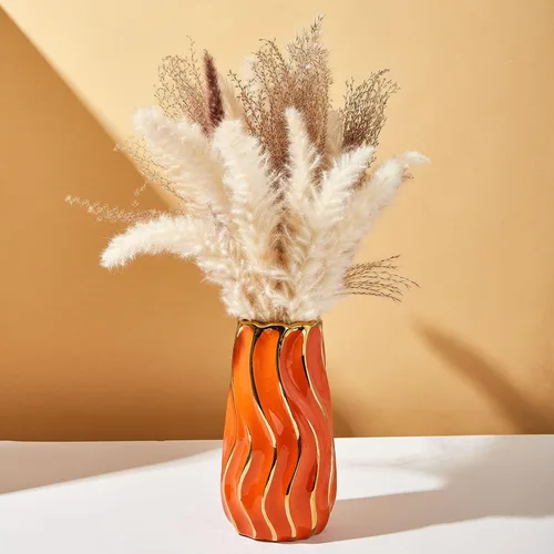 Miniatura 4 de Jarrón de cerámica, jarrón naranja para decoración del hogar, florero decorativo, jarrones de cerámica de rayas verticales para decoración