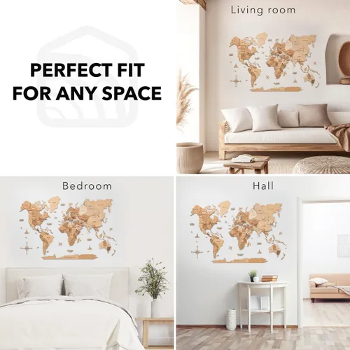 Miniatura 7 de Enjoy The Wood Arte de pared de mapa del mundo de madera 3D, mapa de viaje grande con alfileres para decoración artística, mapa decorativo del mundo