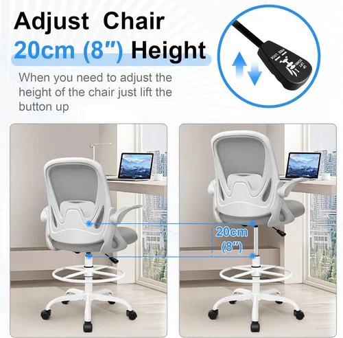 Miniatura 7 de Silla de dibujo alta de oficina con reposabrazos abatibles, altura ajustable y soporte lumbar mejorado, taburete ergonómico rodante, soporte de Gris