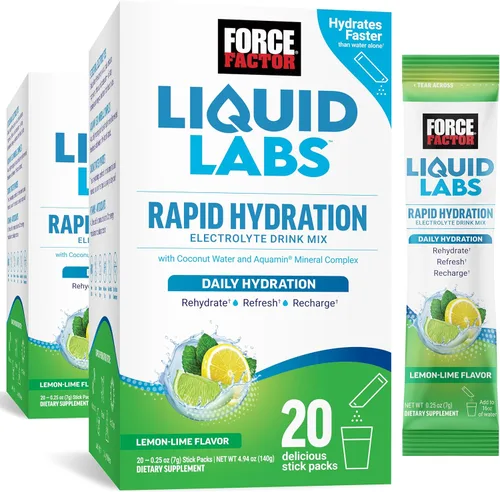 Paquetes de polvo de electrolitos Force Factor Liquid Labs —Limón y lima— sobres de hidratación para hacer agua con electrolitos con 5 electrolitos