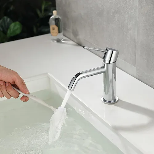 Miniatura 6 de Grifo de baño cromado de un solo agujero, grifo de agua de una sola manija para baño con ensamblaje de drenaje emergente y líneas de suministro